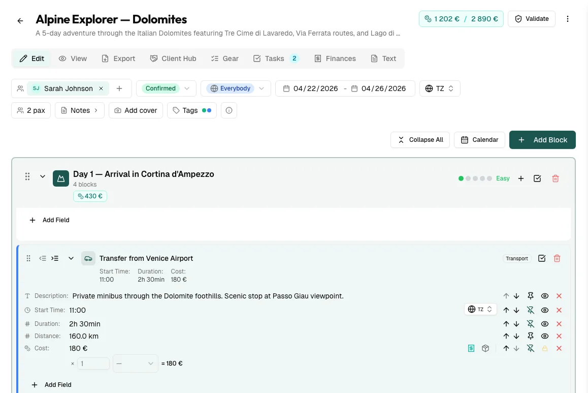 Itinerary builder with trip blocks, fields, and cost tracking