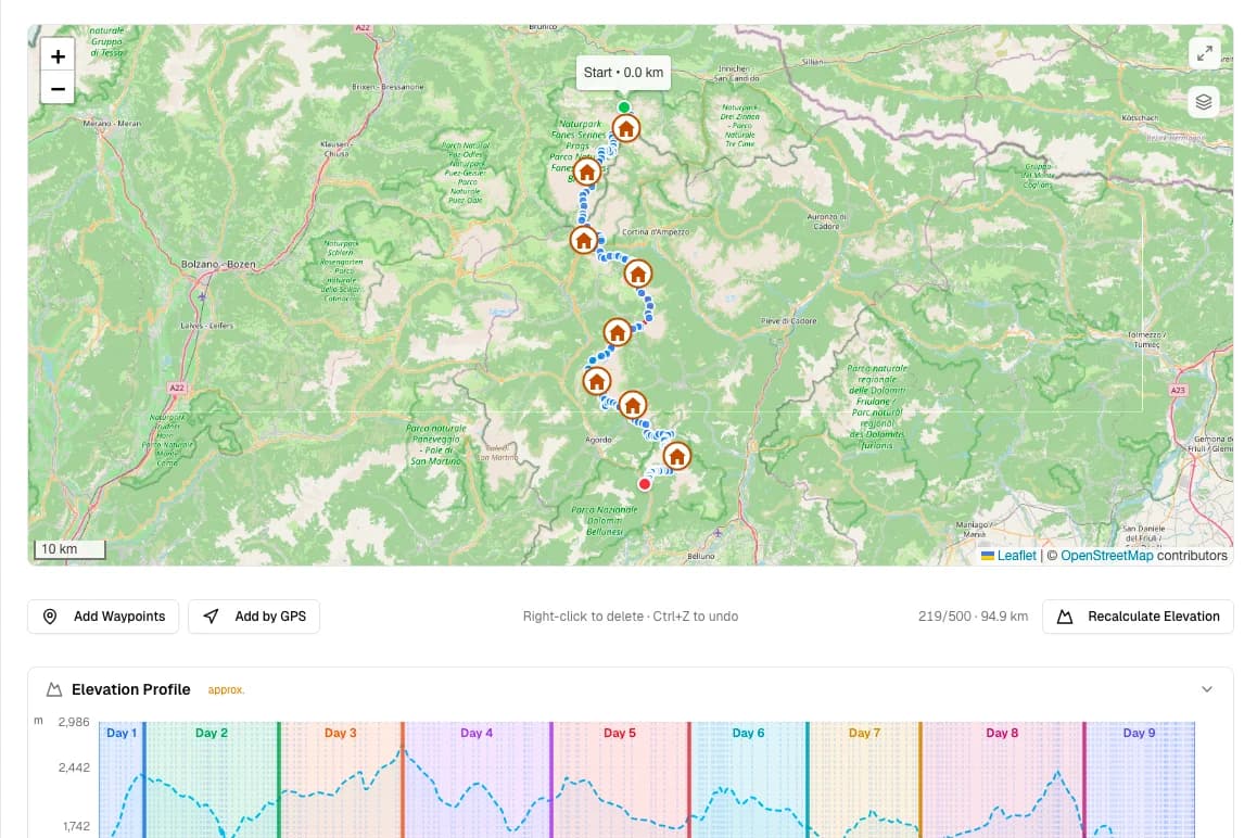 Route planner with map, waypoints, and elevation profile