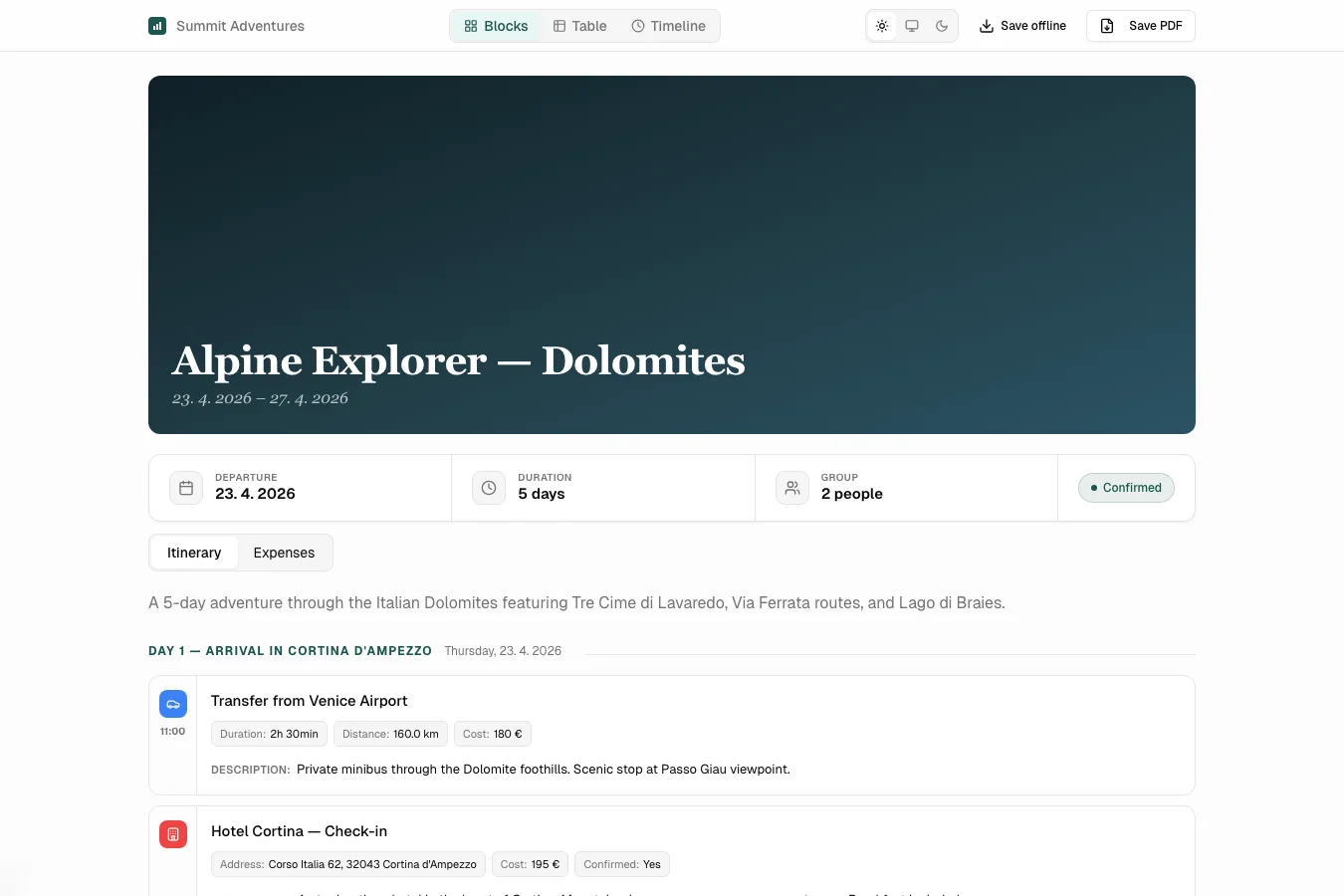 Client-facing shared itinerary view with blocks and timeline